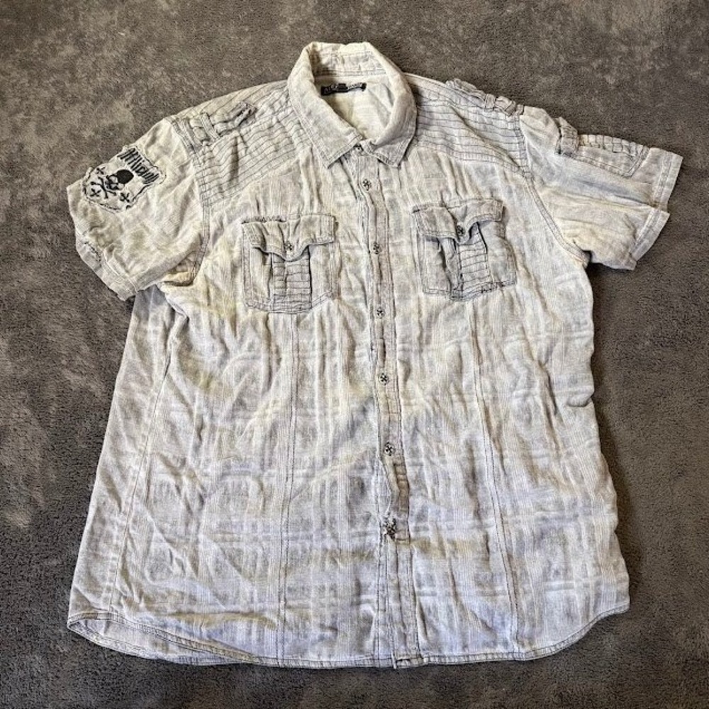 Affliction Buckle Mens XL Grey Distressed Plaid Button Down Short Sleeve Shirt